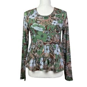 NWT Love Fire Layered Babydoll Blouse Cappuccino Desert Floral Green Tan Small